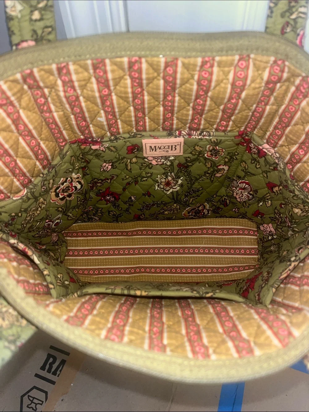 Quilted Floral Tote in Olive Green with Red Accents